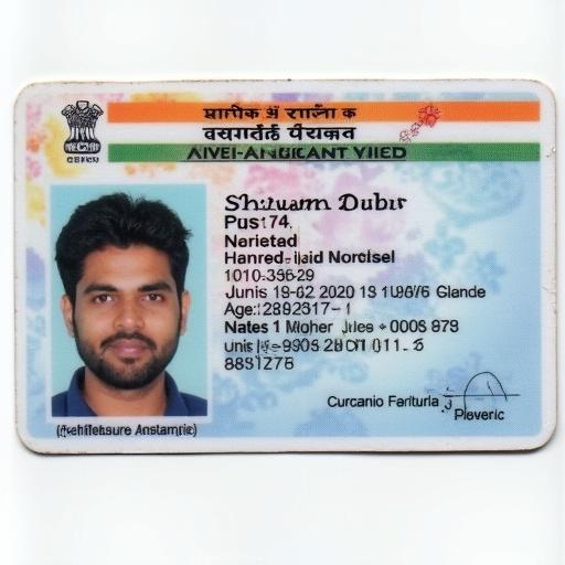 Image of an Indian identity card. The card shows official details. It features a professional appearance for verification. The displayed name is Shivam Dubr and age is 28.