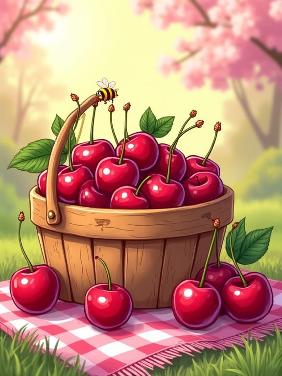 Vibrant cartoon illustration of a wooden basket full of ripe cherries. Cherries have deep red and pink hues. Some cherries have green stems. A few cherries spill out of the basket. Green leaves and a cherry blossom branch add a natural touch. The basket shows a textured wood grain. Scene on a checkered picnic blanket with a soft pastel background. Warm sunlight creates a cheerful effect. Bold colors and soft shading enhance cartoonish style. Include a ladybug or bumblebee nearby.