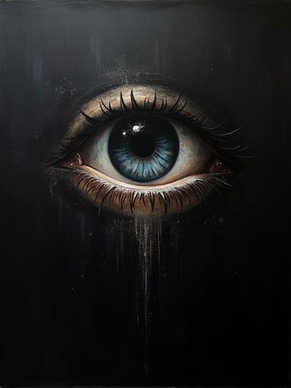 An extremely rough oil painting featuring a giant silhouette eye. The eye has a cosmic void and is set against a completely black background. The eye emerges from the top right corner of the page.