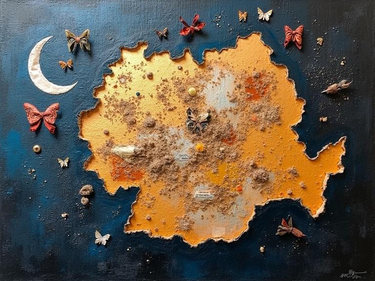 Map of Romania created with mixed media. Dark background with textured materials. Elements include newspaper, jute, wood, sand, and origami butterflies. 3D aspects with depth and detail. Evocative and stunning. High-resolution visual.