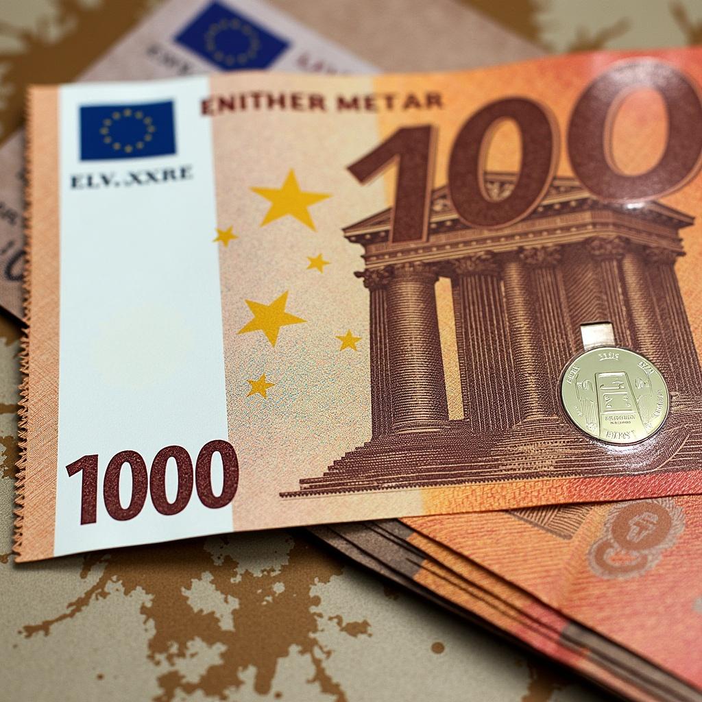 Close-up of a 1000 euro banknote featuring architectural design and a coin. The note has a warm color palette and prominent euro symbols. The composition highlights details of the banknote.