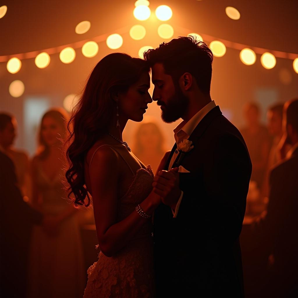 Romantic couple dances in a warm ambiance. Soft glowing lights create an enchanting atmosphere. Background features blurred party guests in elegant attire.