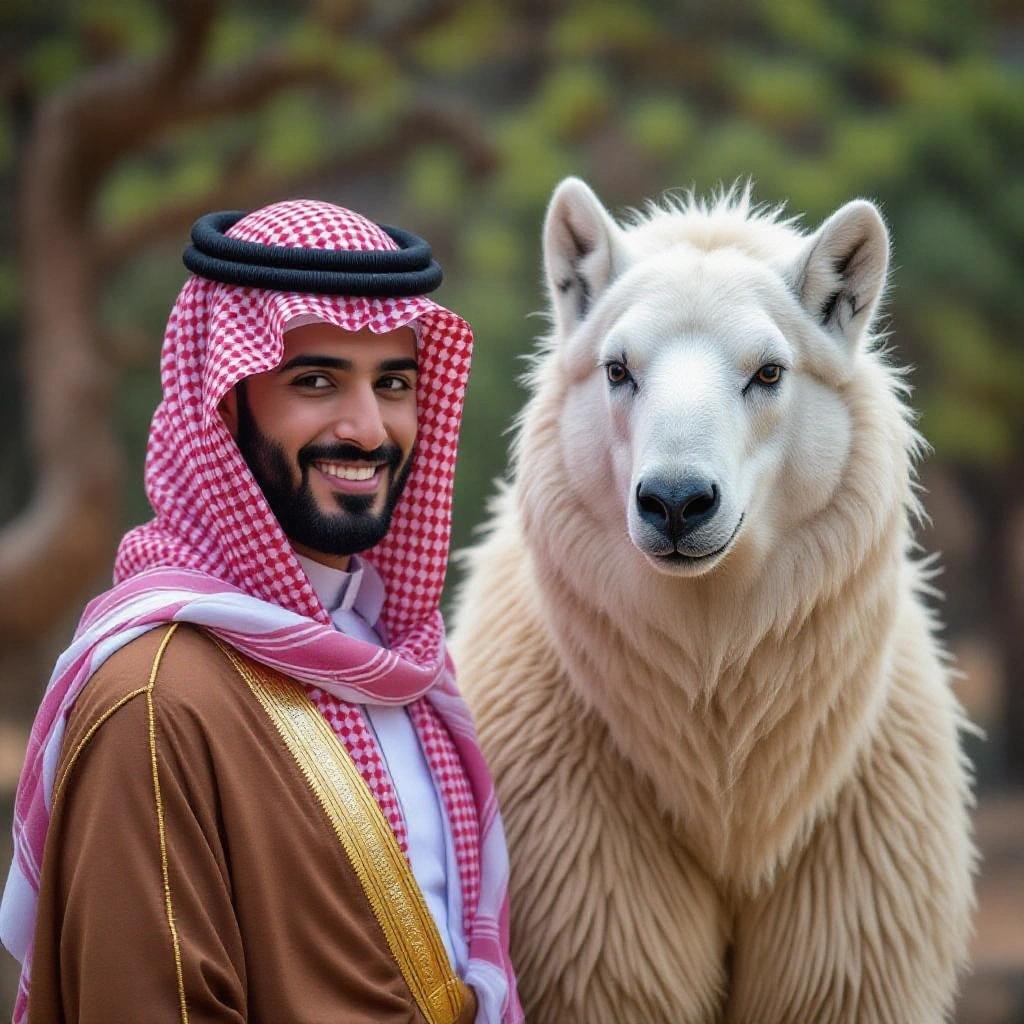 A man wearing traditional attire stands next to a white bear in a natural setting. The man is smiling confidently. The bear looks calm and majestic. The background is filled with greenery, suggesting a serene outdoor environment.