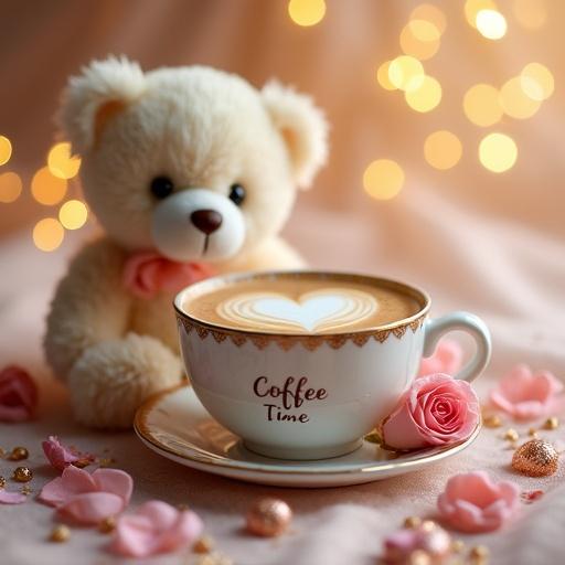 A romantic still life with a teddy bear and a porcelain cup. The cup has latte art shaped like a heart. Pink rose petals and gold beads surround the cup. The background features bokeh lights in warm colors.