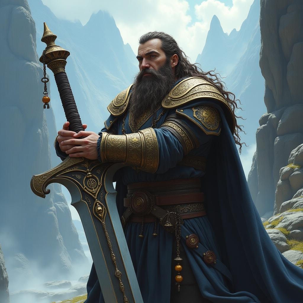 Dwarven Cleric rests on a large Greatsword amidst mountains and a rugged landscape. Character has long hair, detailed armor, and a large sword. The setting reflects a mystical, fantasy environment.