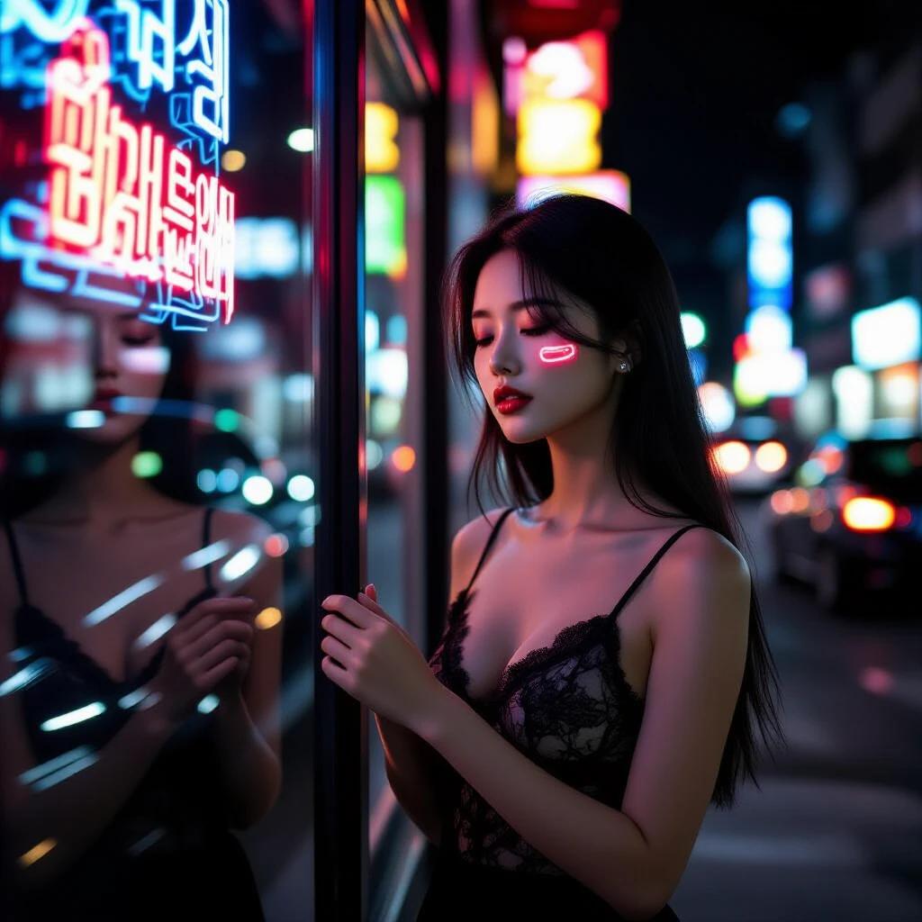 Korean woman adjusts lace camisole outside shop at night. Neon lights reflect on her skin. She gazes at her reflection in the window. A parked black sedan is nearby with visible driver. Her expression shows vulnerability and desire. Motion blur from passing cars creates energetic backdrop. Long straight black hair flows down her back.