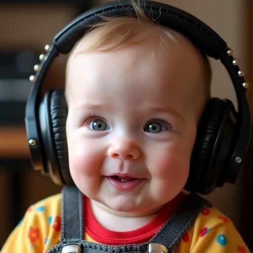 Close-up of a baby with chubby cheeks wearing colorful European-style clothes. The baby faces the camera directly with a gentle smile. Large metal-studded headphones are worn. Soft natural lighting highlights facial details. The blurred background hints at a music studio with recording equipment.