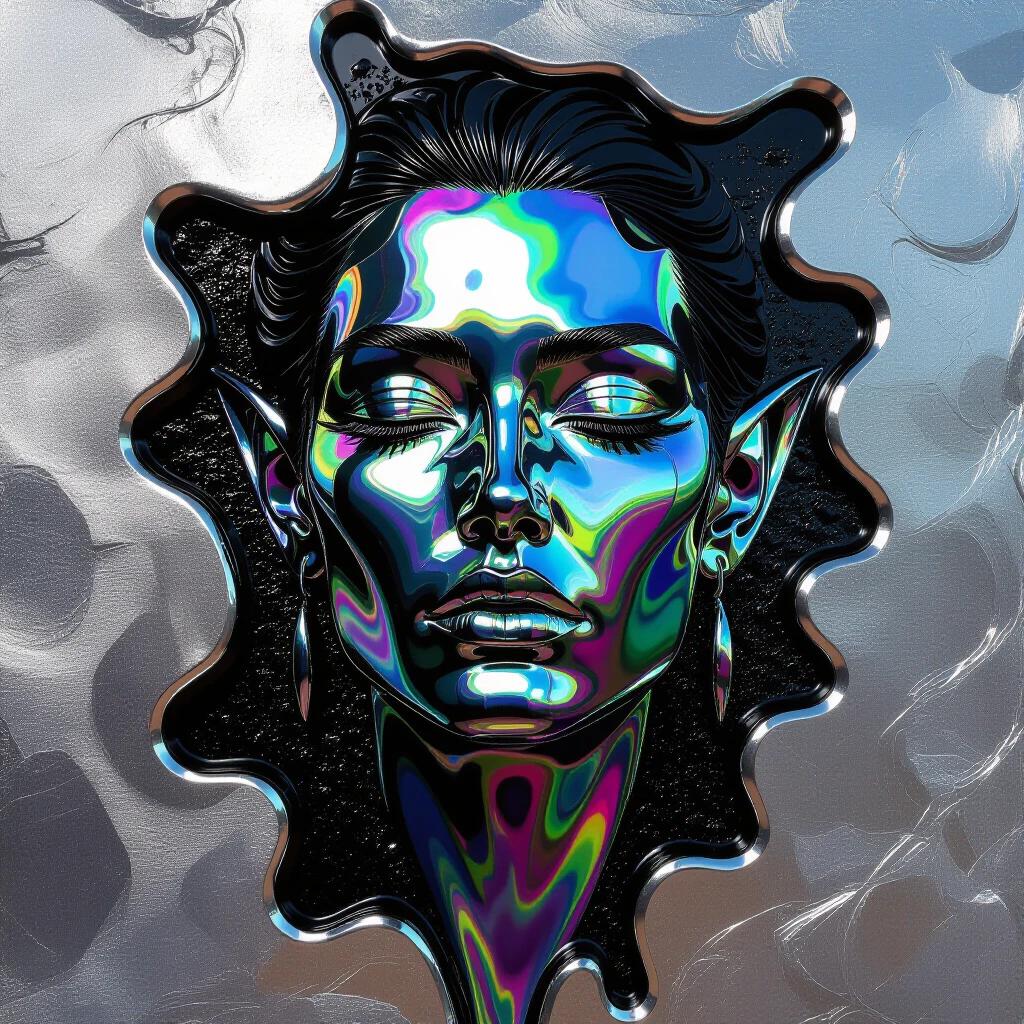 Portrait in metallic liquid holographic form. Sculptural and textured. Artistic depiction of liquid chrome and black. Aggressive liquid metallic form resembling a tattoo. Inspired by elven world landscape.