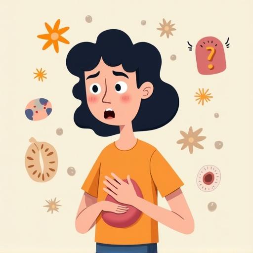 Nervous person holding stomach. Expression of nausea and fear. Surrounded by symbols of sickness. Expressive cartoon style. Pastel colors.