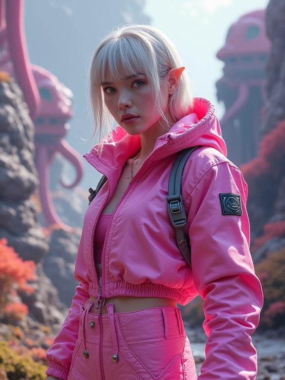 Detailed sci-fi action movie scene featuring an elf girl in a pink spacesuit jacket. She has pale skin, wide hips, and thick thighs. Background includes colorful tentacle flora, a spaceship, and robot aliens. Realistic and cinematic style. Close-up shot with neon lighting.