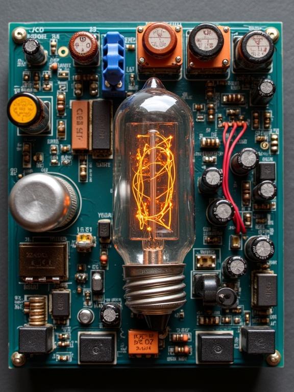 Electronic circuit board design featuring a vintage glass tube light and various components. The glowing tube has intricate filaments. Photographed from above to showcase the layout of wires and fuses.
