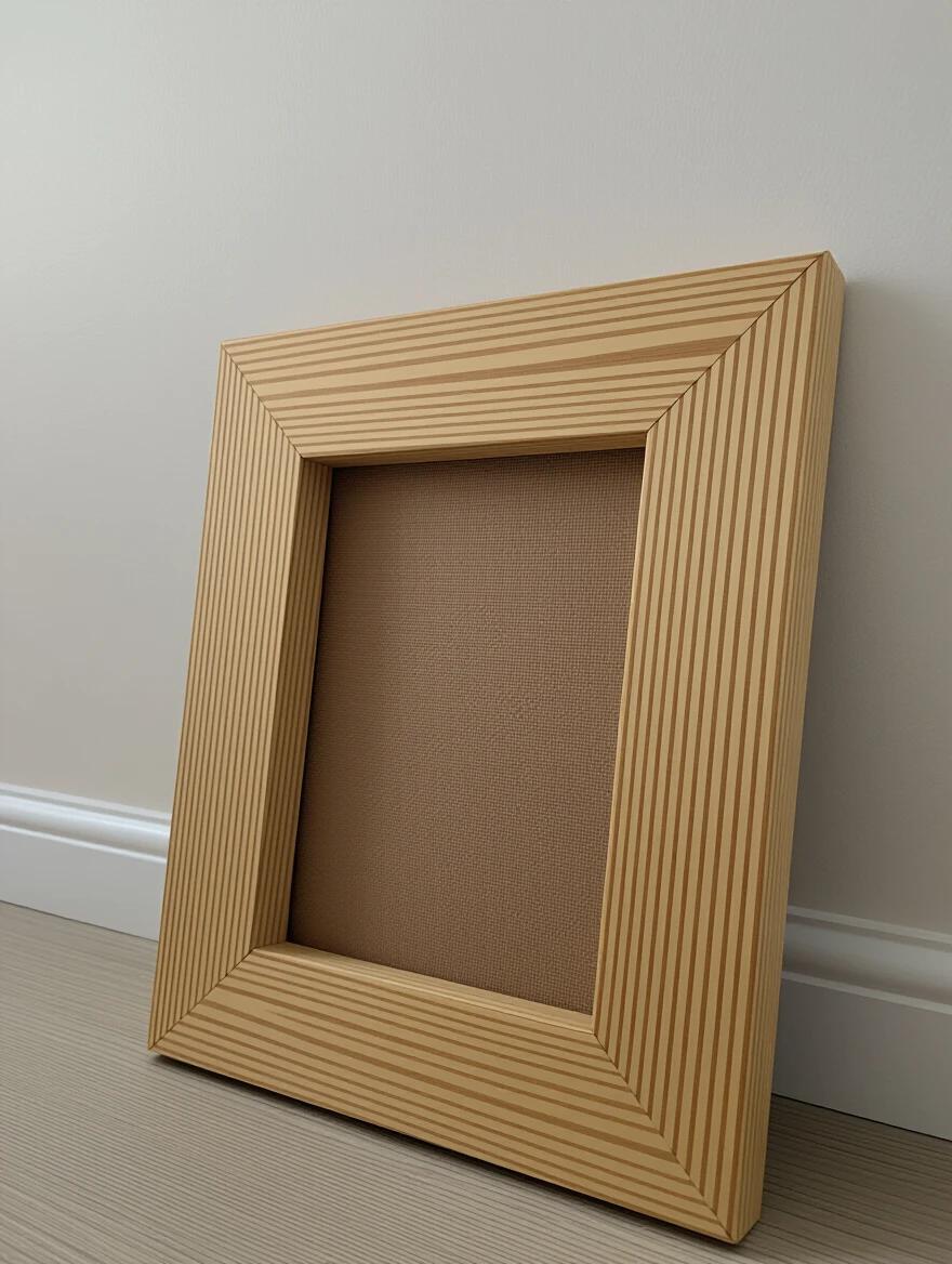 Wooden picture frame with 1 inch thickness stood on the floor against a light colored wall