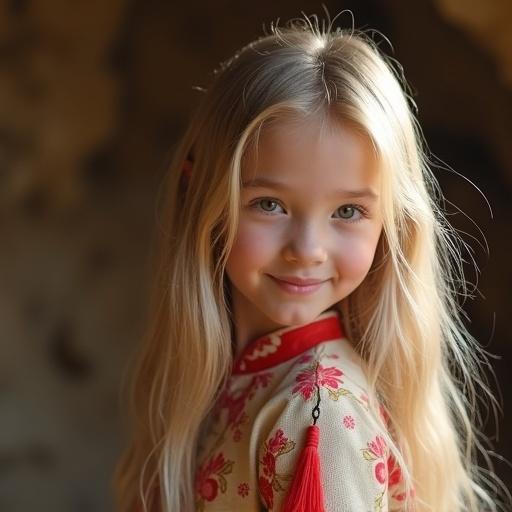 A professional photo of a twelve-year-old girl with long blond hair. She wears a traditional qipao dress. She poses with a smile in the Longyou Caves. The caves are sandstone caverns located in Fenghuang Hill, China.