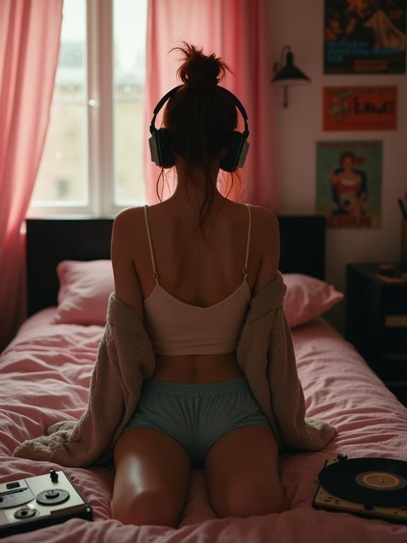 A young woman sits on an unmade bed in a dimly lit bedroom. She has long dark auburn hair tied in a bun. The room has soft pink sheets. Warm light creates soft shadows. Vintage headphones rest on her head. Various vinyl records and handwritten notes are scattered. The walls are decorated with concert posters. She conveys a sense of relaxation and contemplation.