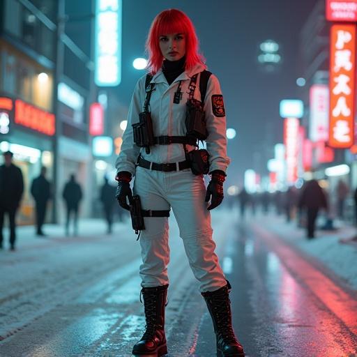 Full body photo of a female medic inspired by cyberpunk. Short red hair and white costume with accents. Wearing military boots. Background features skyscrapers and neon lights.