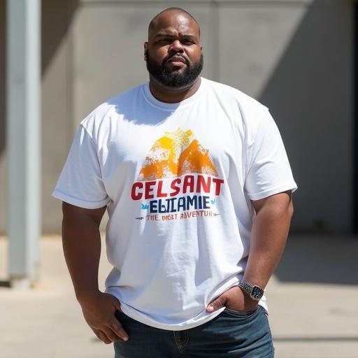 Confident overweight man posing casually in urban environment. Various styles include arms crossed, one hand in pocket, hands on hips. Wears clean white oversized t-shirt with colorful 'CELSANT - The Great Adventure' graphic visible. Soft shadows and natural lighting enhance the photo-realistic quality. Ideal for promotional use with poster-style framing.
