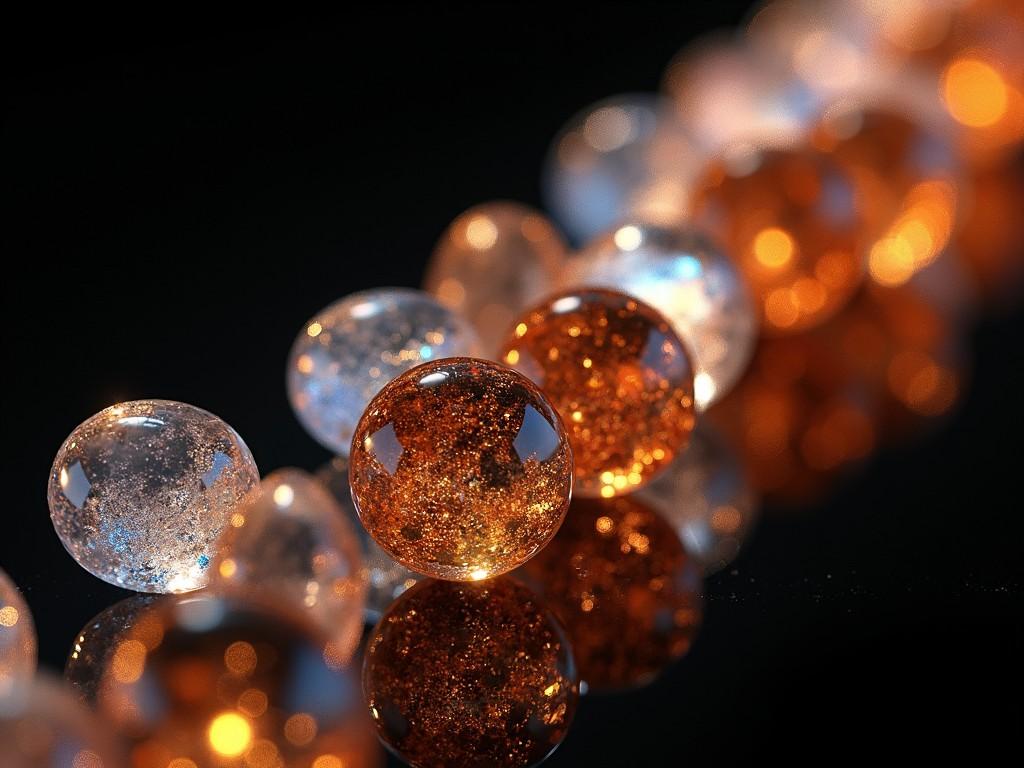 Vibrant, translucent spheres in various colors glisten with sparkling reflections on a dark surface.