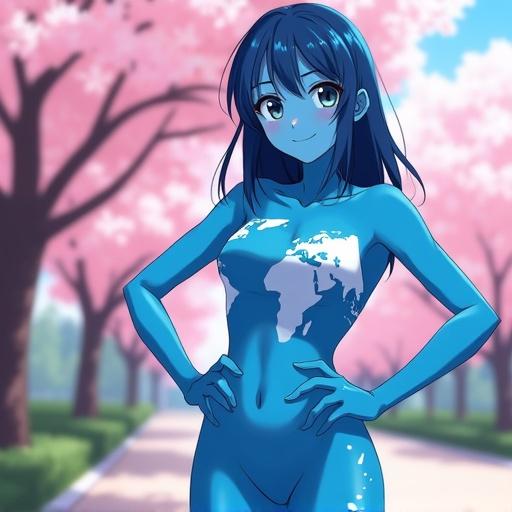 Anime girl with bright blue skin and Earth continent patterns. Skin pigmentation is not clothing. Standing in city park with cherry blossoms. Hands on hips and a smile. Clean design with bold outlines.