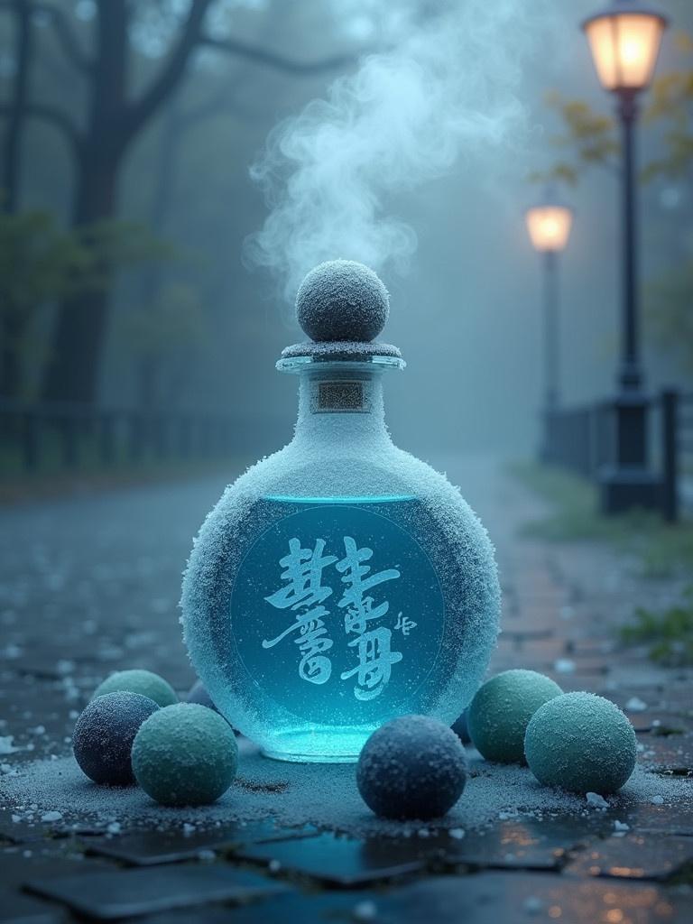 Hyper realistic frost covered potion bottle filled with icy blue liquid emitting cold mist covered with Chinese calligraphy surrounded by ten semi frosted round marbles made of different types of marble. A single streetlamp casts a halo of light through fog.