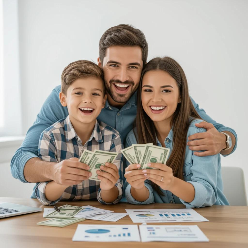 Family holding cash in their hands seated at a table. Show financial planning documents on the table. Children and parents engaging in money management activities. Smile and express satisfaction with holding money.