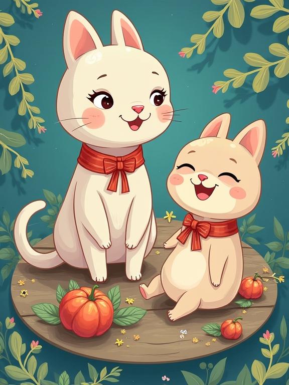 A cute cartoon scene featuring two playful cats on a wooden background ringed with foliage.and pumpkins. One is a mother cat and the other is a baby cat, both wearing red bows.