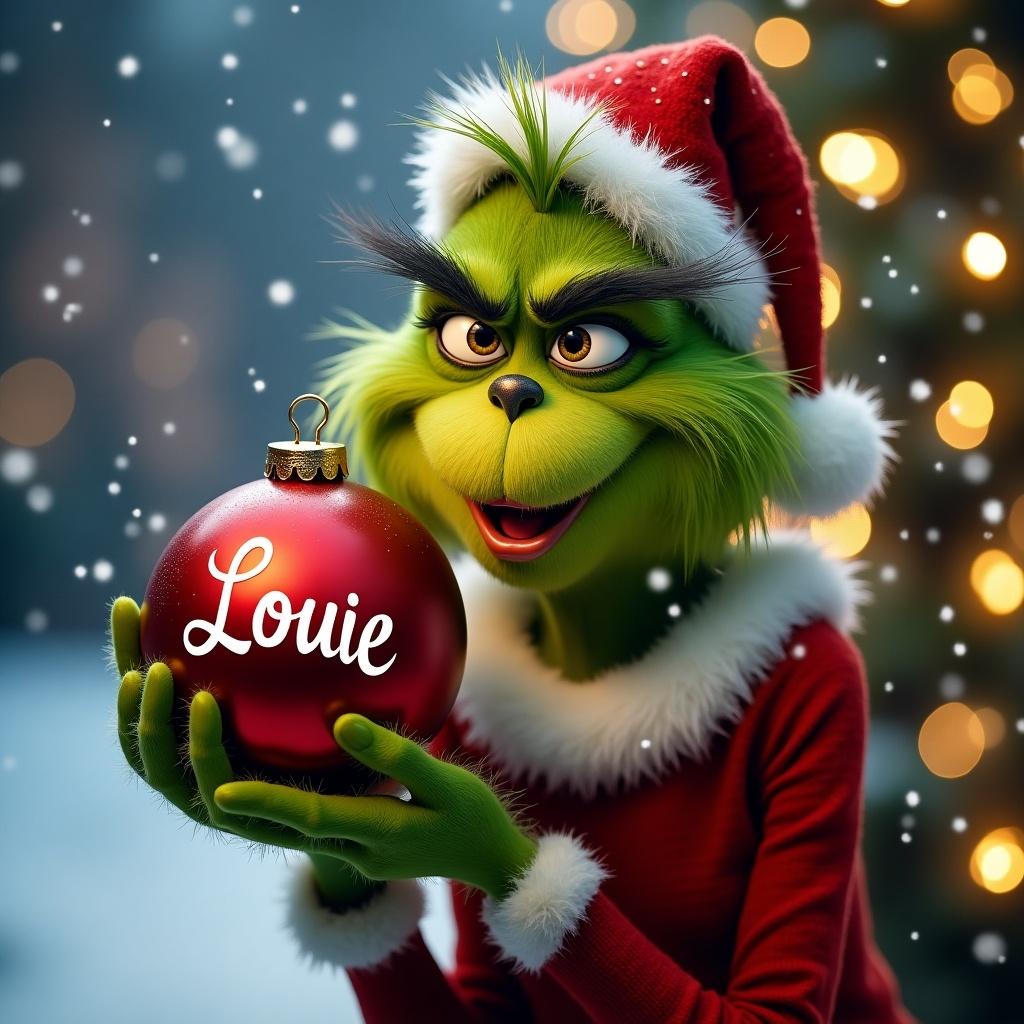 The Grinch holds a Christmas bauble with the name Louie. Snowy background with Christmas lights creates a festive atmosphere.