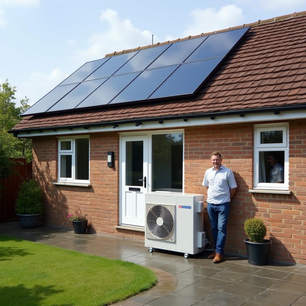 Image shows solar panels and heat pump on a home in the UK. Homeowner stands beside the heat pump. Focus on a newly installed renewable energy system. Heat pump is appropriately sized for the home and solar panels fit within the roof space.