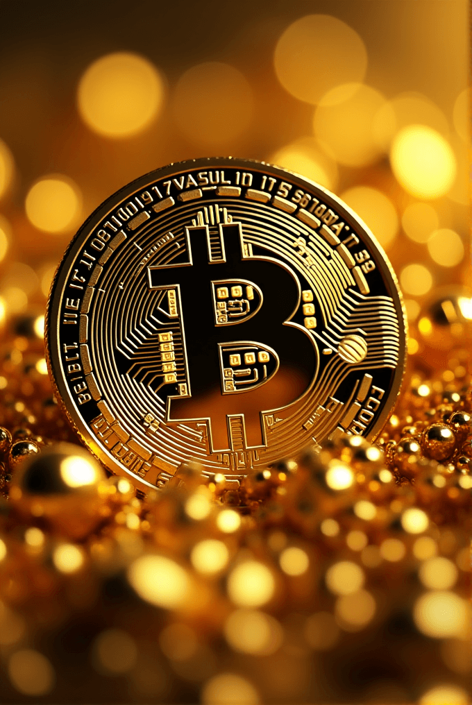 A close-up of a Bitcoin coin surrounded by shimmering golden bokeh lights, creating a luxurious and digital currency-themed atmosphere.