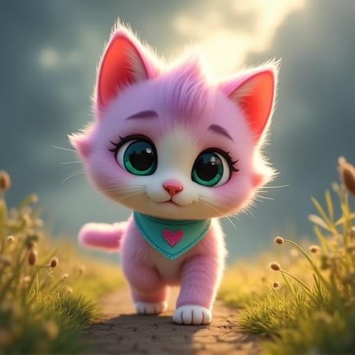 Fluffy kitten walks away from a clearing. Kitten has pastel pink and lavender fur. The belly is creamy white. Large expressive green eyes. Over-sized head in Pixar style. Soft rounded features. Tiny paws and perky ears. Light blue bandana with pink heart. Scene is peaceful with golden light.