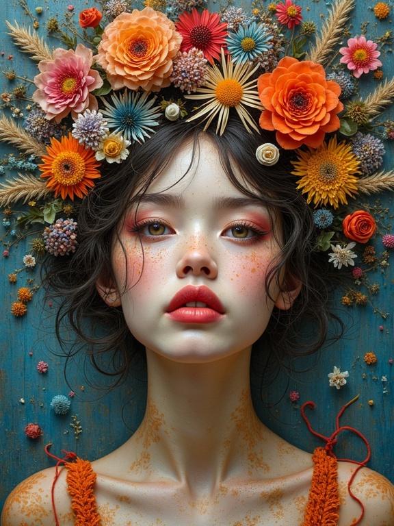 A portrait of a woman with floral elements around her head. The flowers are a mix of dried and fresh. The background is textured and colorful. The image should evoke a sense of vibrancy and beauty while showcasing different textures.