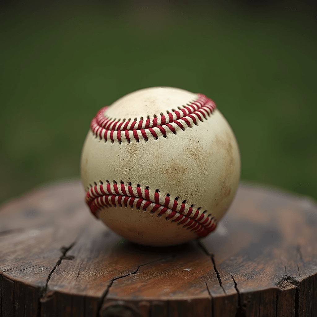 A weathered baseball with red stitching sits on a cracked wooden stump, set against a blurred green background.