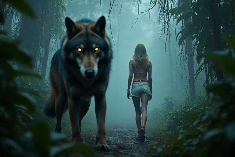 A large, hungry wolf stands motionless in a misty jungle. Its glowing yellow eyes fix on a distant figure. A tall slim girl with golden hair and glowing white skin cautiously moves ahead. She wears a tight light pink top and cutoff shorts. The wolf lowers its head slightly, ready to stalk. The scene is filled with fog drifting between them and jungle plants framing the shot.