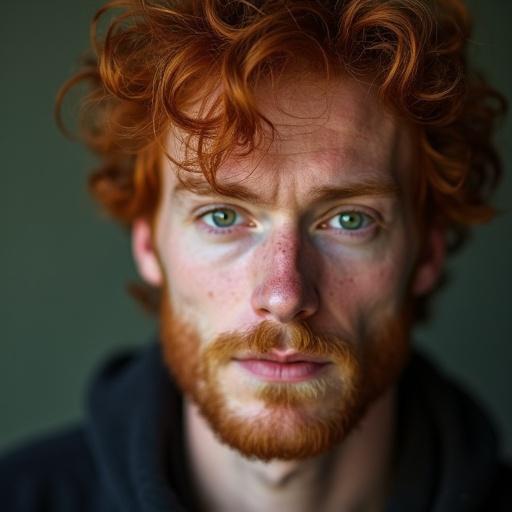 A male model with red hair and green eyes has a defined jawline. The focus is on his facial features. The background is neutral to highlight his expression.