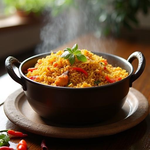 Generate a steaming pot of biriyani using rice spices and vegetables. Present the dish in a well-lit setting with vibrant colors and textures.