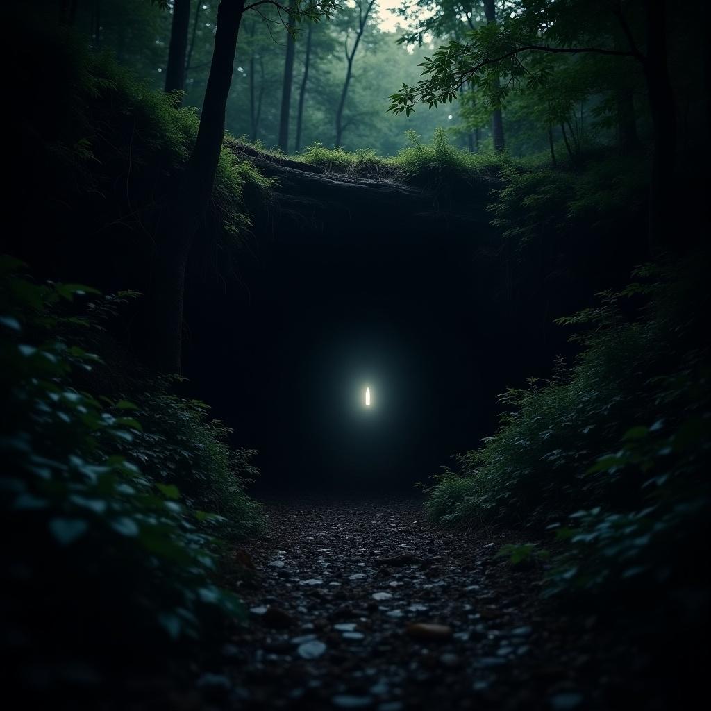 Dark cave entrance in a forest with faint light glowing from within. Dense vegetation surrounds the cave. The atmosphere feels mysterious and suspenseful.