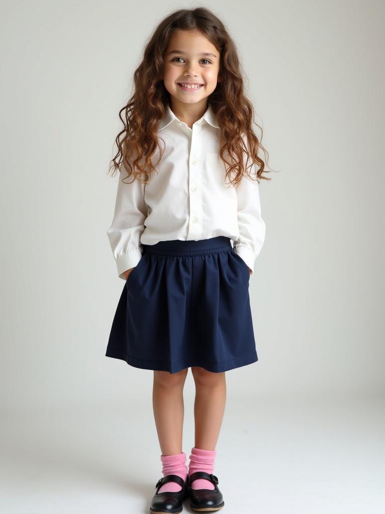 Photograph of a girl in full size. 12 years old. Long brown hair with curls. Dressed in white blouse and dark blue skirt. Pink ankle socks and black shoes. Soft expression. Captured in natural light.