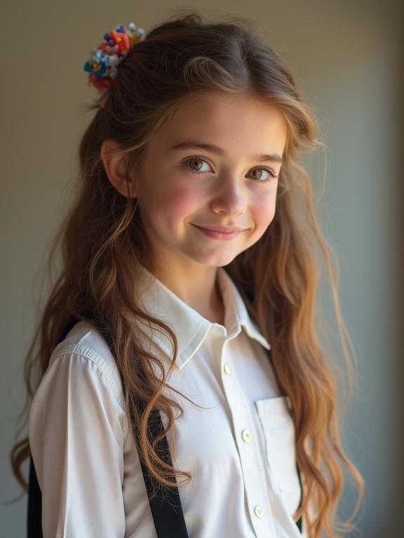 Lily features long wavy chestnut hair adorned with a colorful scrunchie. She has sparkly hazel eyes and a petite frame shown in her high school uniform, consisting of a white blouse and skirt. She is smiling.