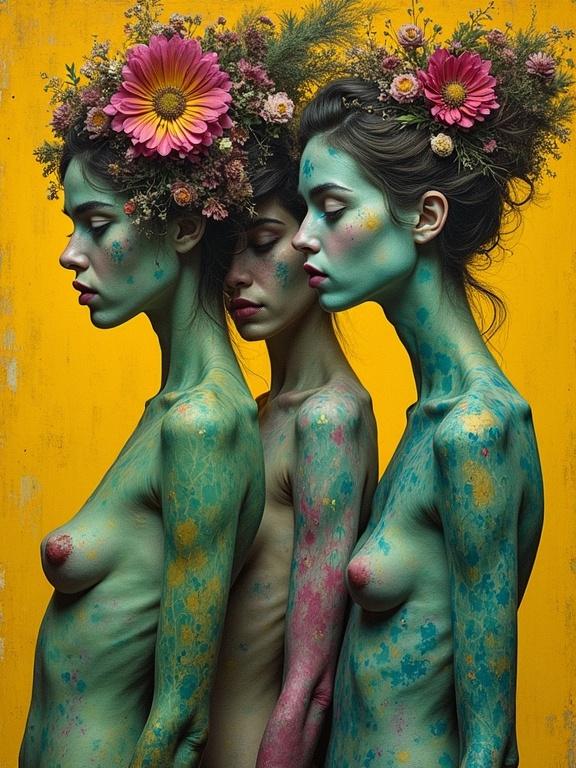 Surreal whimsical portrait featuring three nude gypsies with colorful body paint. Shades of green, magenta, and yellow against a contrasting yellow ocher and burnt sienna background. Intricate details and hyper-detailed features.