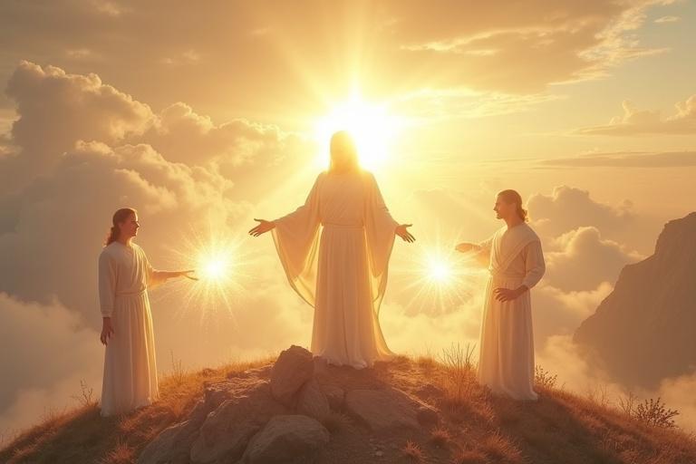 A scene on a high mountain. In the center, a shiny figure stands with intensely white clothing as bright as light itself. Flanking this central figure are two radiant beings who appear in glory. They seem to converse with the central personage.