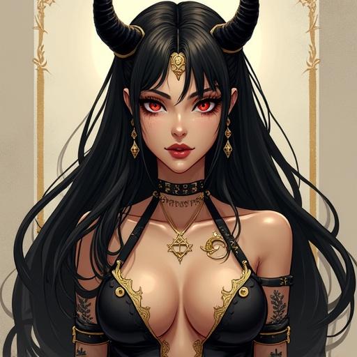 Tall female character with a muscular build. Long black hair adorned with gold. Red eyes, one with star engraving and the other with a crescent shape. Four deep-set eyes. Accessories include an upside-down crescent moon tattoo on the chest and crosses on the eyes. Star of David earrings. Black and white horns.
