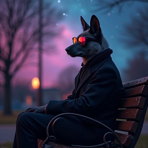 dark scene featuring a stylish animal person on a park bench wearing futuristic sunglasses under a nebula sky. Captivating image suitable for a music album cover.