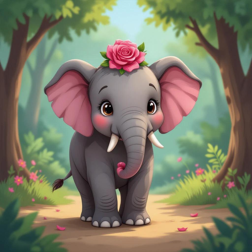 Cute elephant has a rose on its head. The scene is colorful and cheerful. Background shows a forest with trees and flowers. Elephant has big eyes and a friendly smile. Animation style is appealing to children.