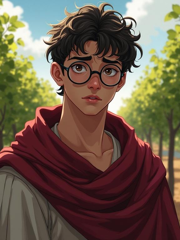 A young timid man in his early 20s wearing round glasses and robes. He appears worried and pensive, set outdoors among vines in a wine-growing region. The artwork is a digital painting styled like fantasy anime, influenced by Grzegorz Domaradzki.