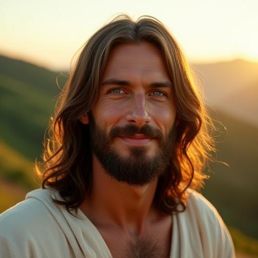 Close-up portrait of a man with blue eyes and long brown hair. Face is slightly lowered and gently lifting. A peaceful smile appears. Background features green hills and distant mountains in golden light. Ultra-detailed facial features with soft shadows and blurred background.