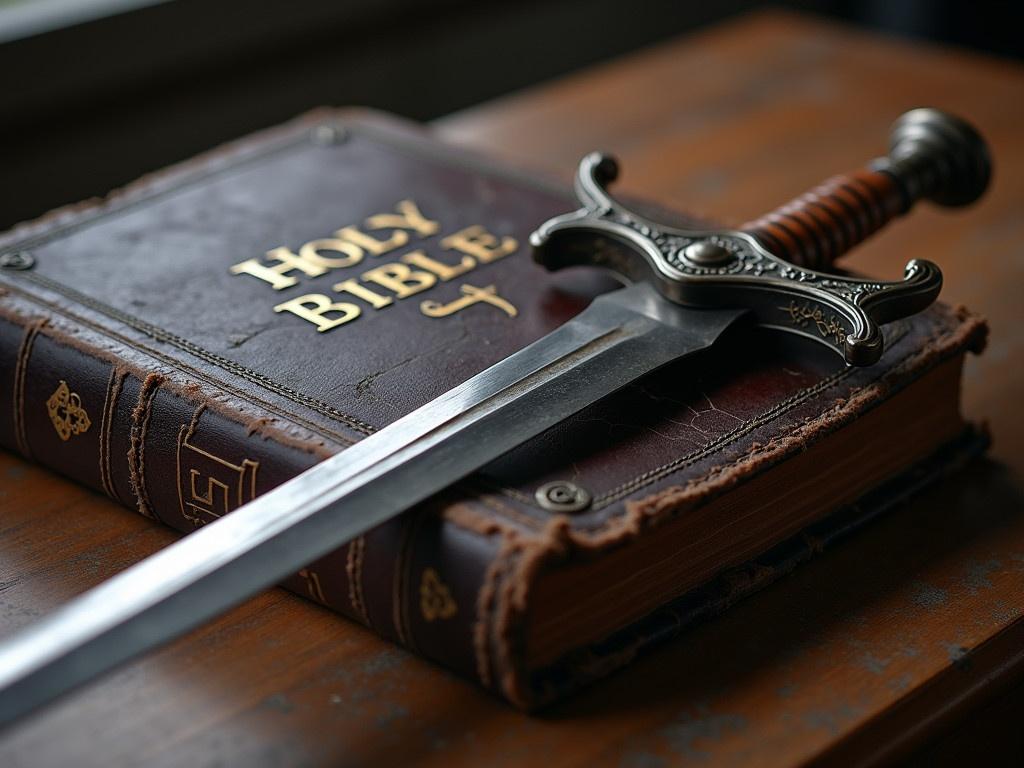 The image shows a close-up of a worn-out, antique Bible resting on a surface. A beautifully crafted sword rests against the Bible, its tip pointing downward. The sword has an ornate hilt and a polished blade, reflecting a sense of strength and history. The Bible's leather cover shows signs of age, with cracks and faded lettering that reads 'HOLY BIBLE' in gold. The background is softly blurred, adding to the focus on the Bible and the sword. This composition suggests a contrast between faith and warfare, symbolizing a deeper meaning.