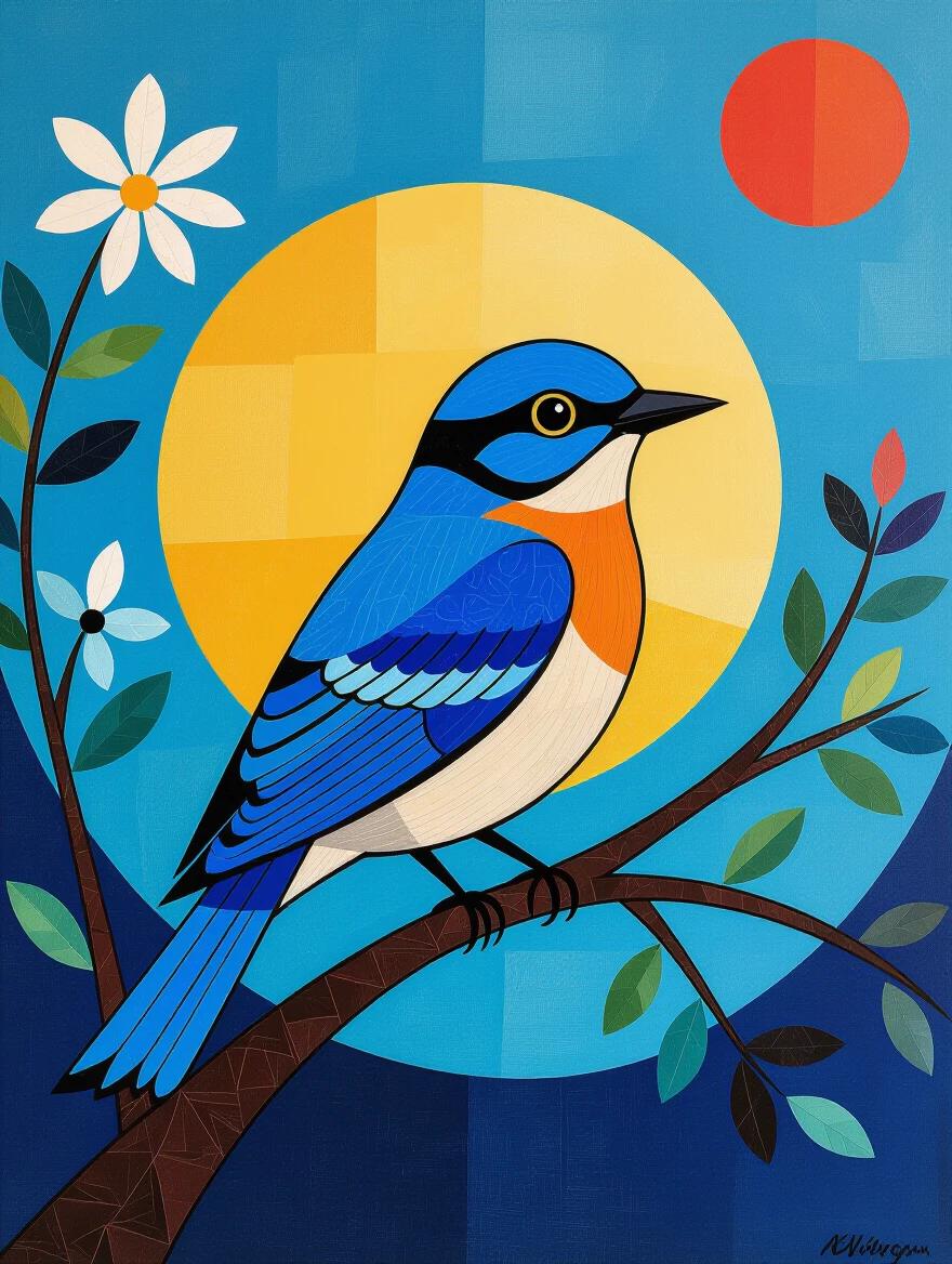 Bluebird is depicted sitting on a branch. Background features a large yellow circle and a red sun. Bright colors are used in a geometric style. Floral elements are present. The bird shows detailed blue and orange feathers.