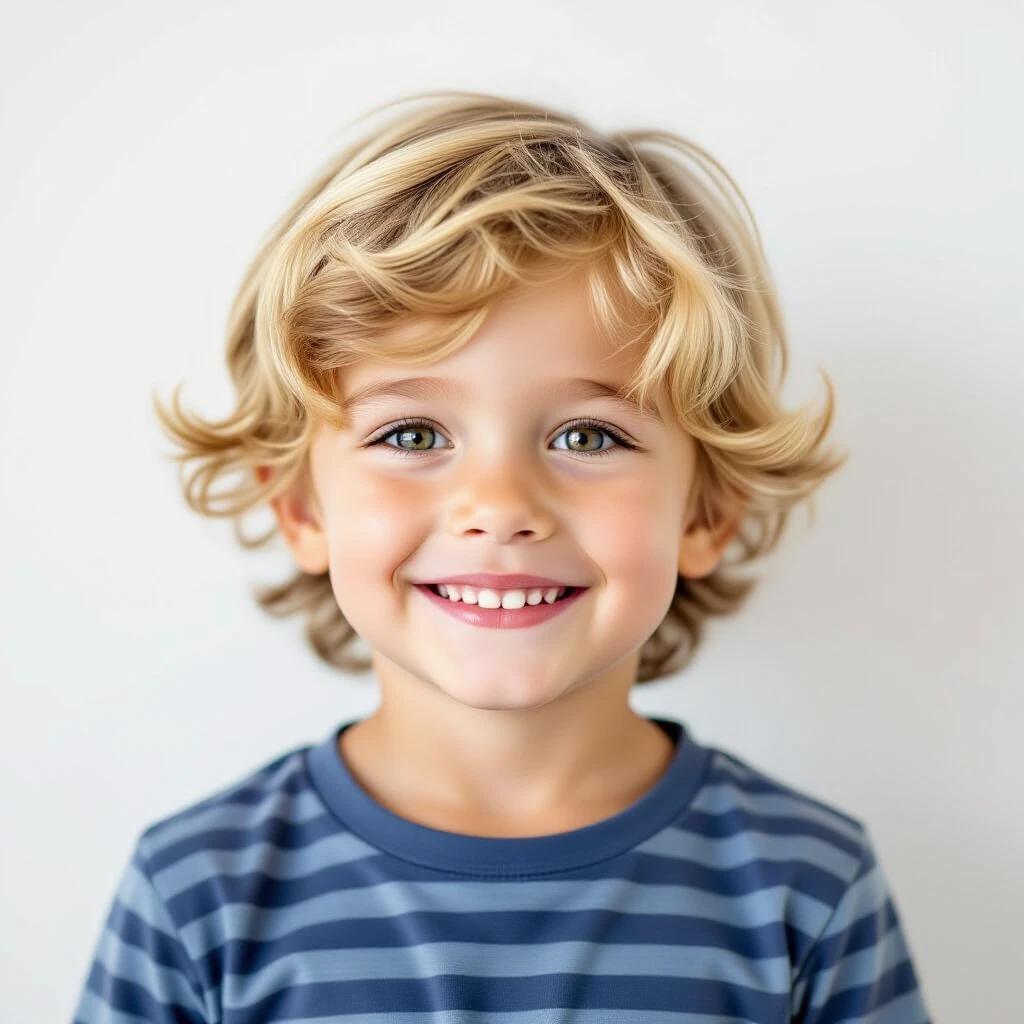 Portrait of a impressed blond child smiling with a white background