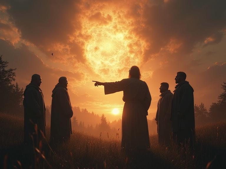 Enoch points towards a glowing vision of judgment in the sky. Speaking to villagers in a realistic style. Dramatic tones fill the scene. The composition is in a 9:16 aspect ratio.