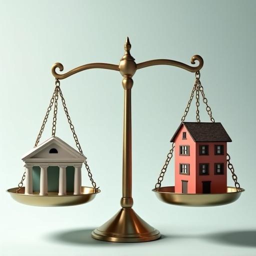 Scales balancing a bank and a house. The house is on the left and is larger than the bank on the right. Scales are vertical and centered.