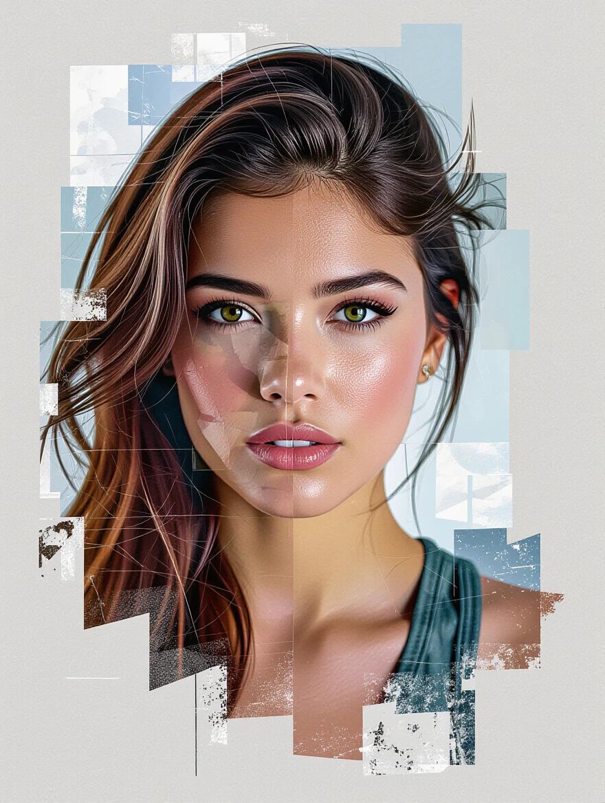 Artistic portrayal of a woman combining photography and painting. Features a blend of textures and modern digital techniques. Innovative and visually captivating piece.